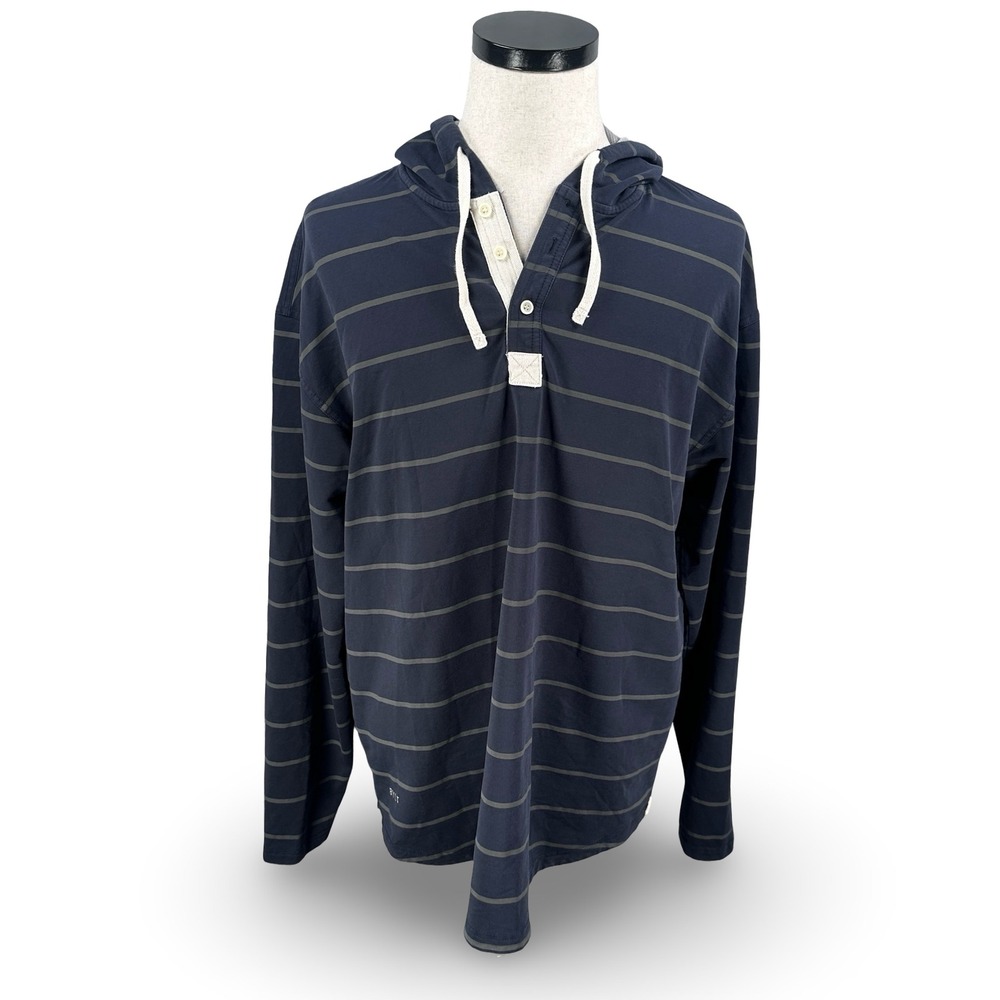 BYLT Basics Drop Cut Hooded Henley XXL 2XL Mens Navy Blue Gray Striped Shirt
